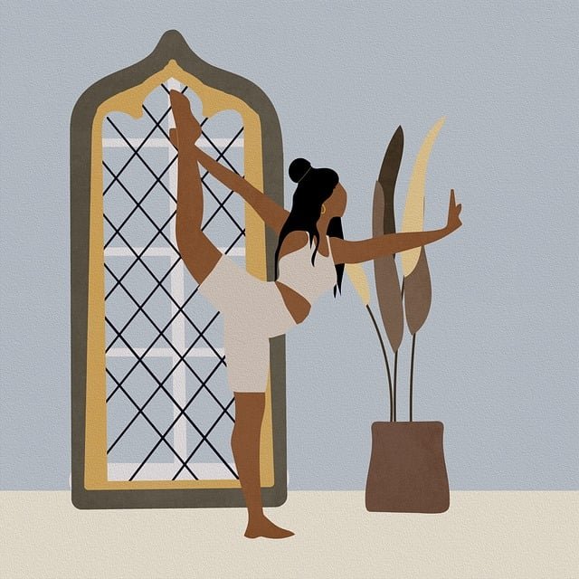 A person wearing attire from the Mindful Movements collection achieves perfect balance as they hold a standing yoga pose with one leg extended. They stand inside near a large arched window and a potted plant, in a room with minimalist design.