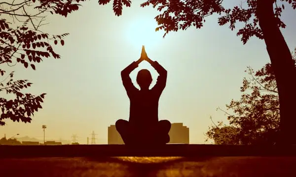 Silhouette of an individual seated in a cross-legged position, engaging in the mindful practice of Yoga Meditation 2, with their hands clasped above their head. This serene routine takes place outdoors during sunrise or sunset, amidst trees and under a radiant sun—promoting tranquility and contributing to slow aging.