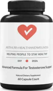 The Manhood Formula is a black bottle that helps support testosterone. It has 60 capsules inside. On the bottle, there is a red heart with a white check mark. It says “Arthurs-HealthAndWellness: Helping People to Stay Healthy.” This brand started in 2024. Subscribe For a Free eBook