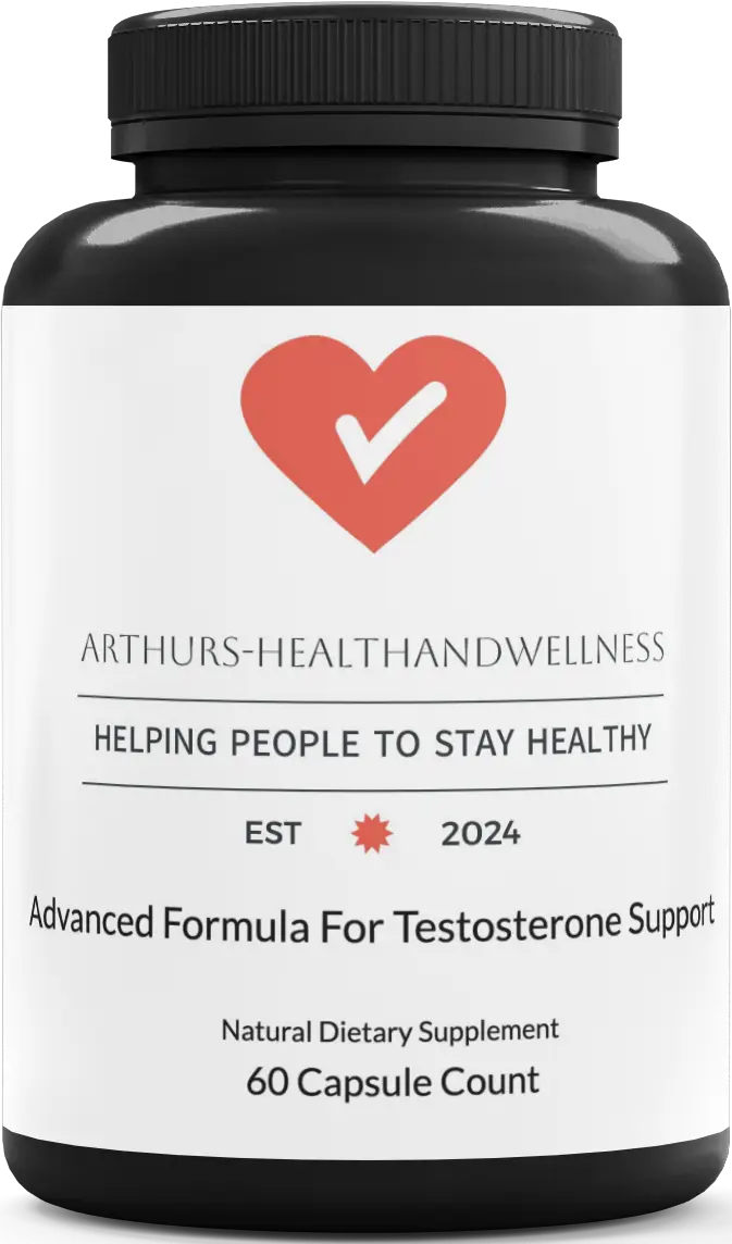 The Manhood Formula is a black bottle that helps support testosterone. It has 60 capsules inside. On the bottle, there is a red heart with a white check mark. It says “Arthurs-HealthAndWellness: Helping People to Stay Healthy.” This brand started in 2024. Subscribe For a Free eBook