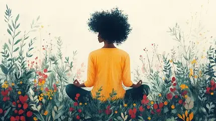 A person with curly hair, wearing a yellow shirt, sits cross-legged among colorful flowers and green plants. They are meditating and using special techniques to help them feel like they are part of the peaceful scene around them. Subscribe For a Free eBook