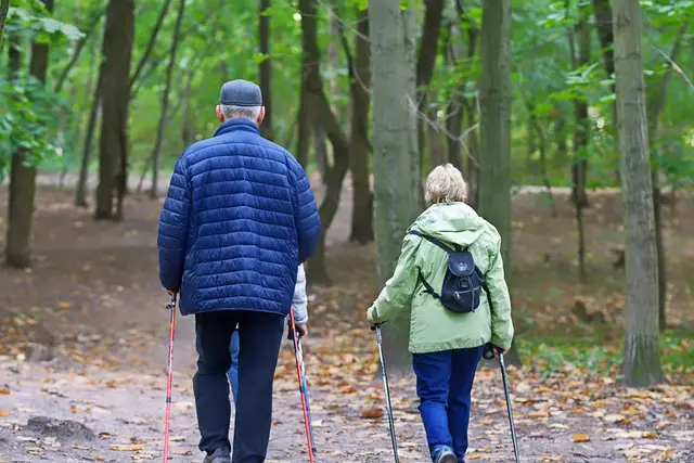 The picture shows two people walking on a forest trail using the Japanese Alpine Method with hiking poles. The person on the left is wearing a blue jacket and cap, while the person on the right has a green jacket and backpack. They are surrounded by trees with lots of green leaves. Subscribe For a Free eBook