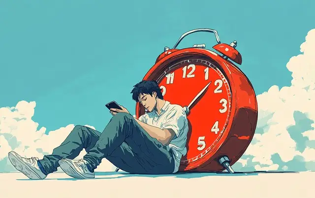 A person stands next to a big red alarm clock set to 10:10, really focused on their smartphone. The blue sky with some clouds is like a symbol for using the Procrastination product to handle the busy challenges of modern life. Subscribe For a Free eBook