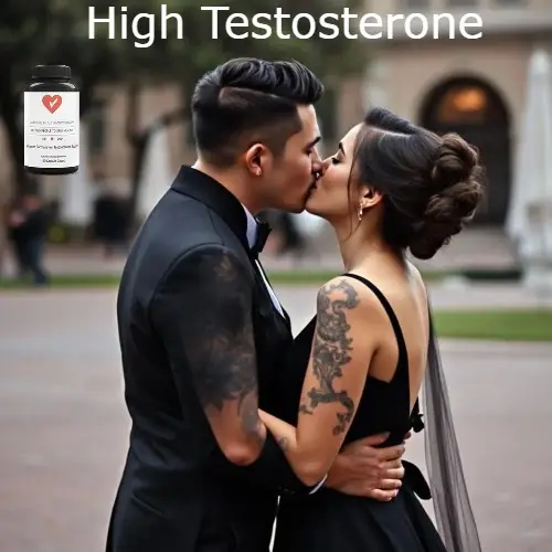A stylish couple with tattoos kisses outside beside a supplement bottle labeled Couple kissing. They look confident and full of energy, showing that they arent worried about having low testosterone.