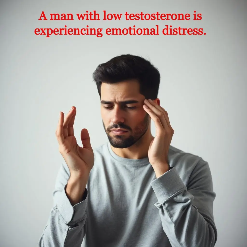 A man in a light gray shirt looks upset, holding his head and raising one hand. Above him, red text says: Distressed in Red—feeling upset about missing the benefits of testosterone.