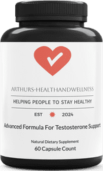 The bottle, called Testosterone Supplements Optimized, is black and white with a heart and checkmark design. It contains 60 capsules designed to help balance hormone levels and support overall health. Subscribe For a Free eBook
