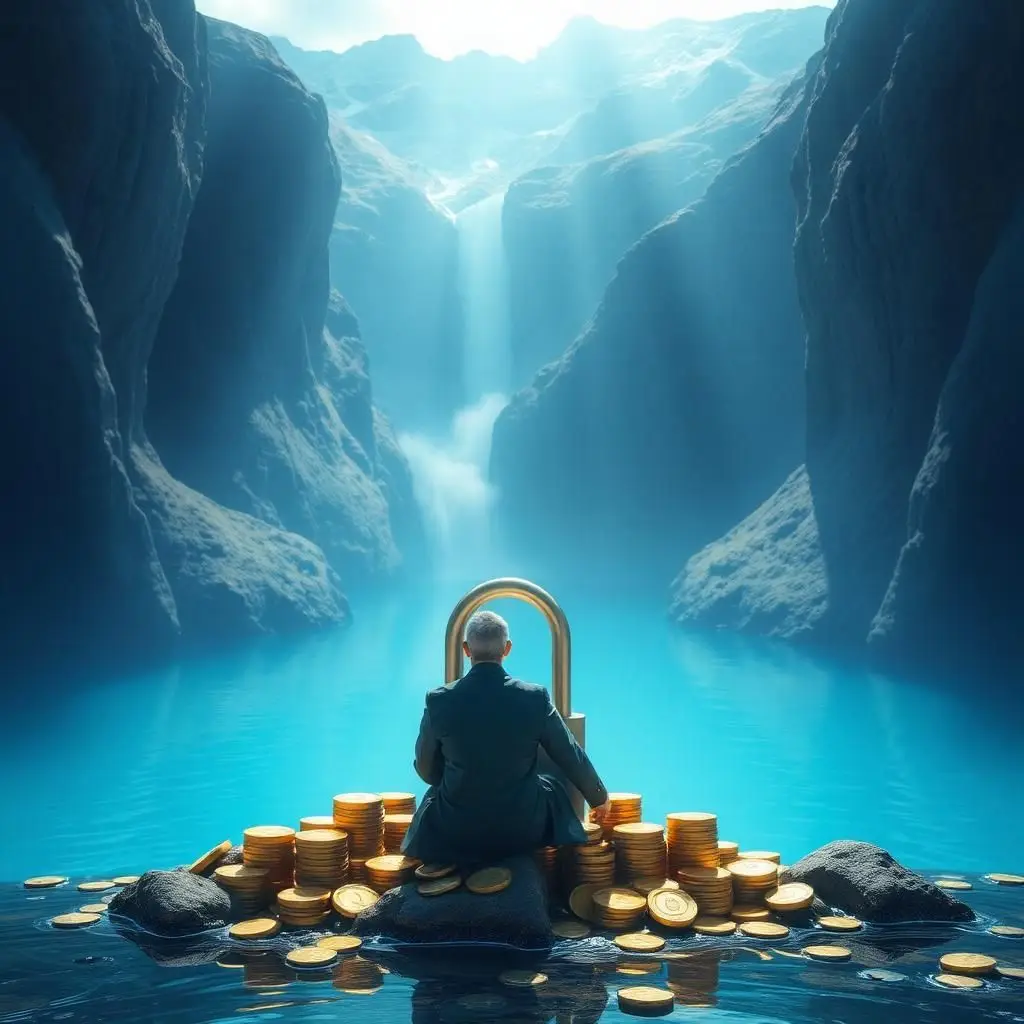 A person sits on a pile of coins by a lake, surrounded by tall cliffs. They are holding a big padlock while sunlight shines down and a waterfall sparkles nearby. This scene shows the idea of unlocking wealth and the law of attraction in the peaceful beauty of nature.