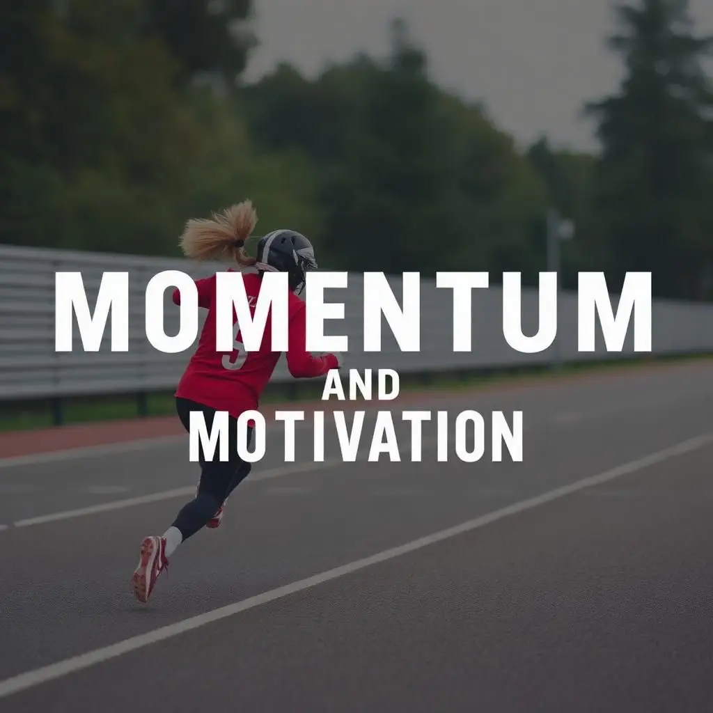 A runner in Momentum sportswear jogs on an outdoor track with trees nearby. Big text says: MOMENTUM—showing focus and energy.
