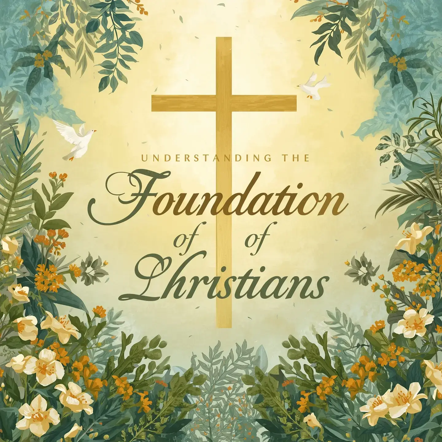 A gold cross with flowers, leaves, and two white doves surrounds the words Understanding the foundations of Christians in fancy writing.