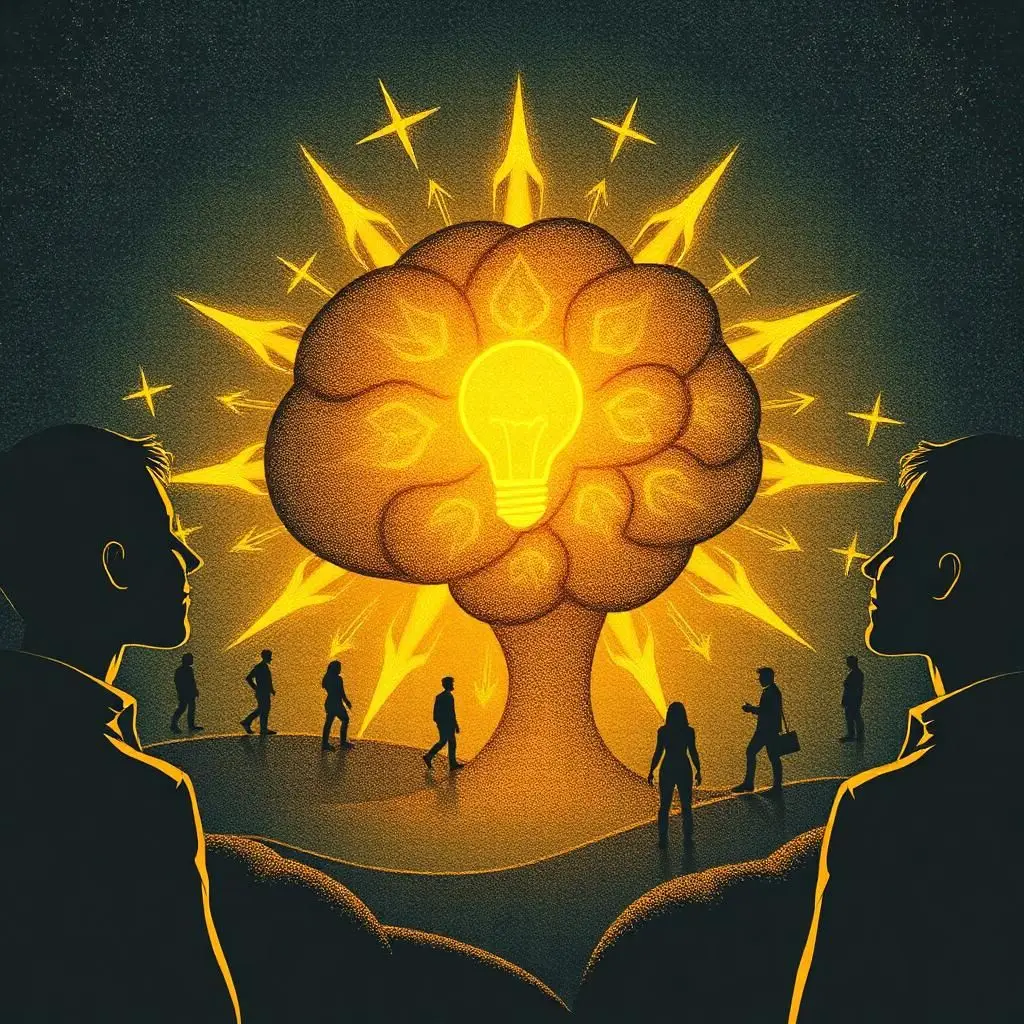 A glowing tree with a light bulb in the middle shines as people walk below. Two shadowy figures show sharing ideas and growing wealth.