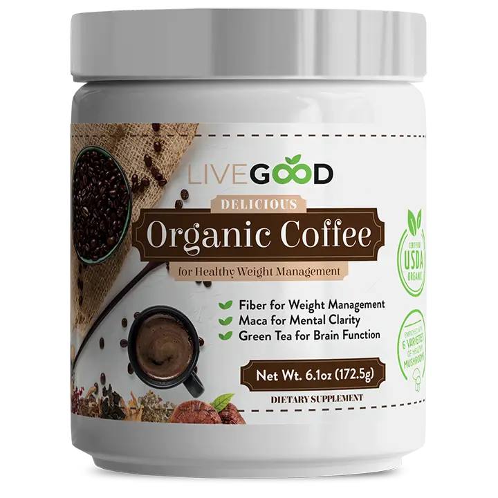 A white container called "organic-coffee_front" shows coffee beans, a cup, green leaves, benefits for weight loss and mind, and a USDA Organic seal.
