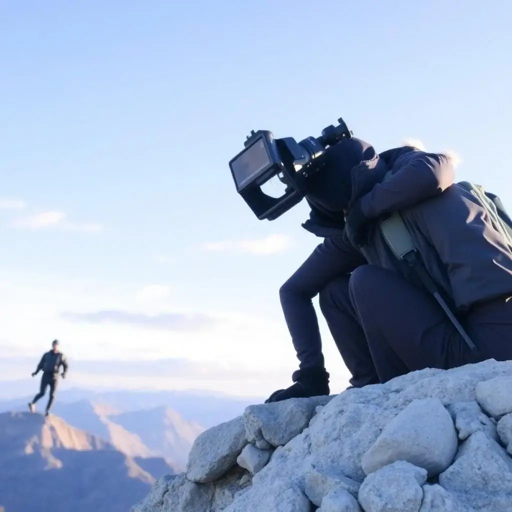 A person in outdoor clothes crouches on rocks filming with a big camera. Far away, another stands on a mountain under a clear sky.