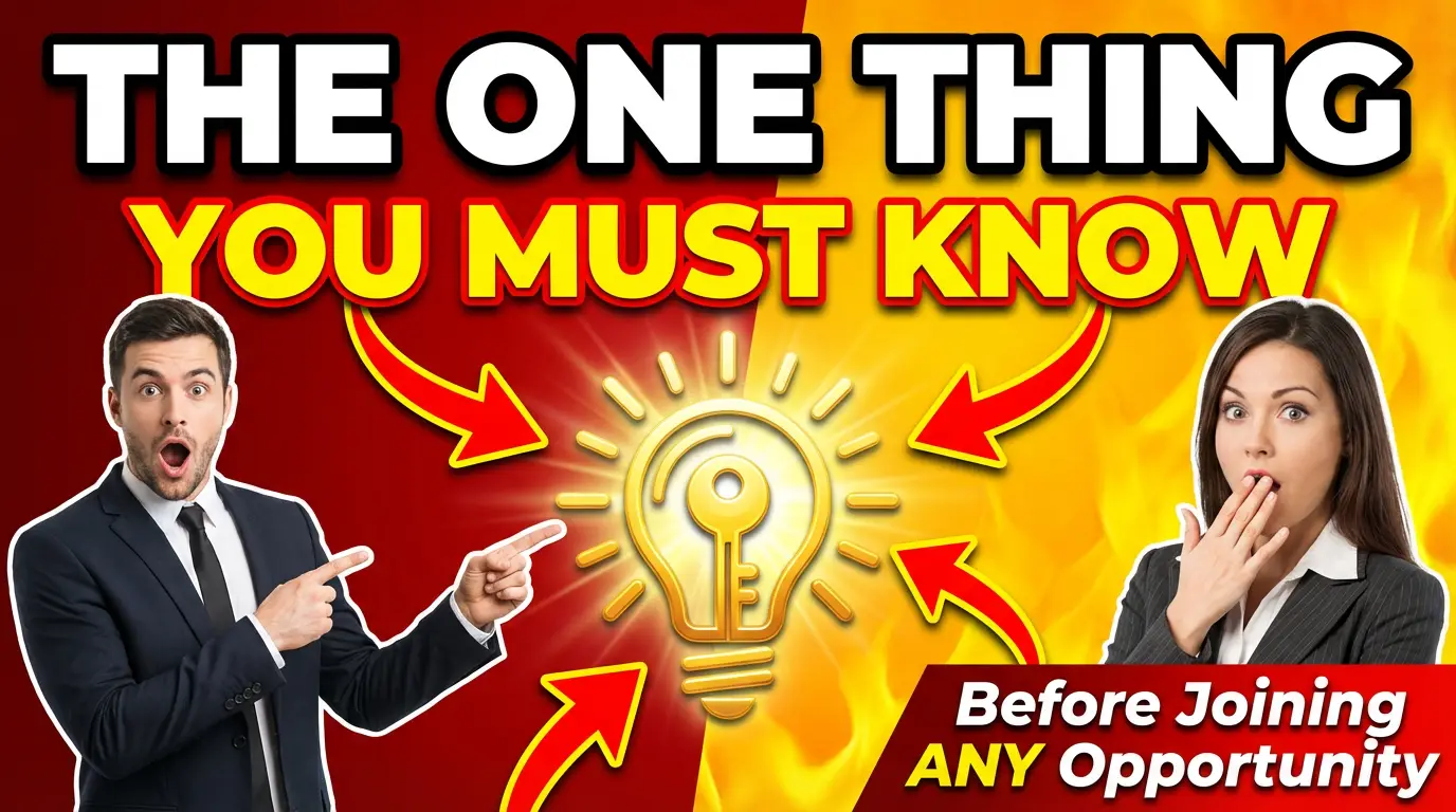 A shocked man and woman point at a glowing lightbulb. Text: The most important thing to know before joining any chance for success.